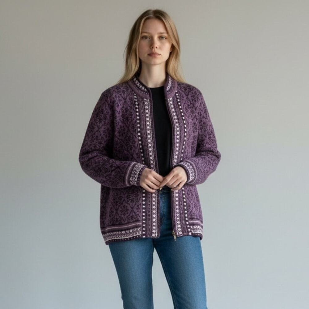 Appleseed's Womens Nordic Winter Full Zip Sweater Vintage Y2K Sz 3X Purple